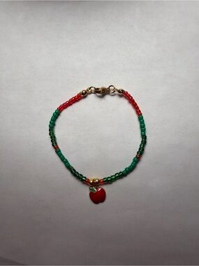 Handmade Red & Green Beaded Bracelet with Apple Charm